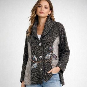 KEREN Hart Women's Knit Cardigan Jacket Sweater w/Embroidered Floral L Lagenlook